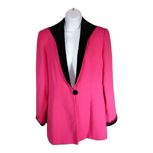 Christian Dior 100% Wool Blazer Jacket Hot Pink Fuchsia Black Collar Women's 12 - Picture 2 of 5
